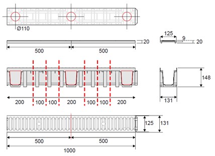 Odwodnienie Liniowe 100x13x10,5cm B125 żeliwne